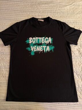 Bottega Veneta Black Tee with Teal Graphic Logo